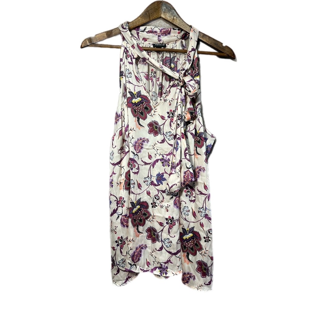 Torrid Floral Bow tie Front Halter Women 2x Ivory Purple Sleeveless Blouse